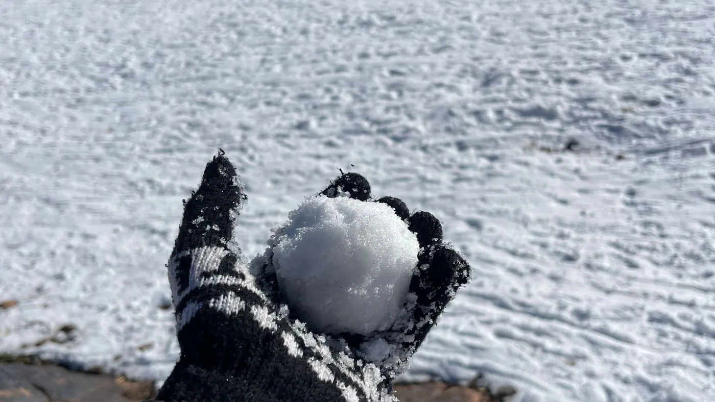 Una mano con guante sosteniendo una bola de nieve, con montañas nevadas al fondo
