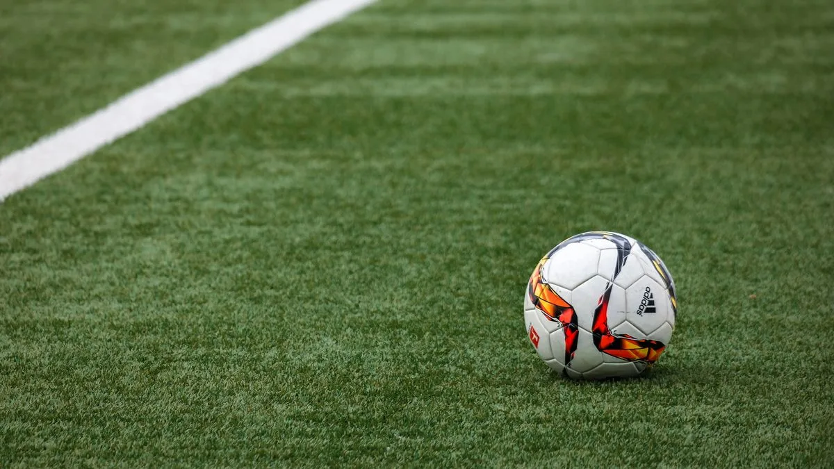 Un balón de fútbol sobre el césped, junto a la línea blanca del campo