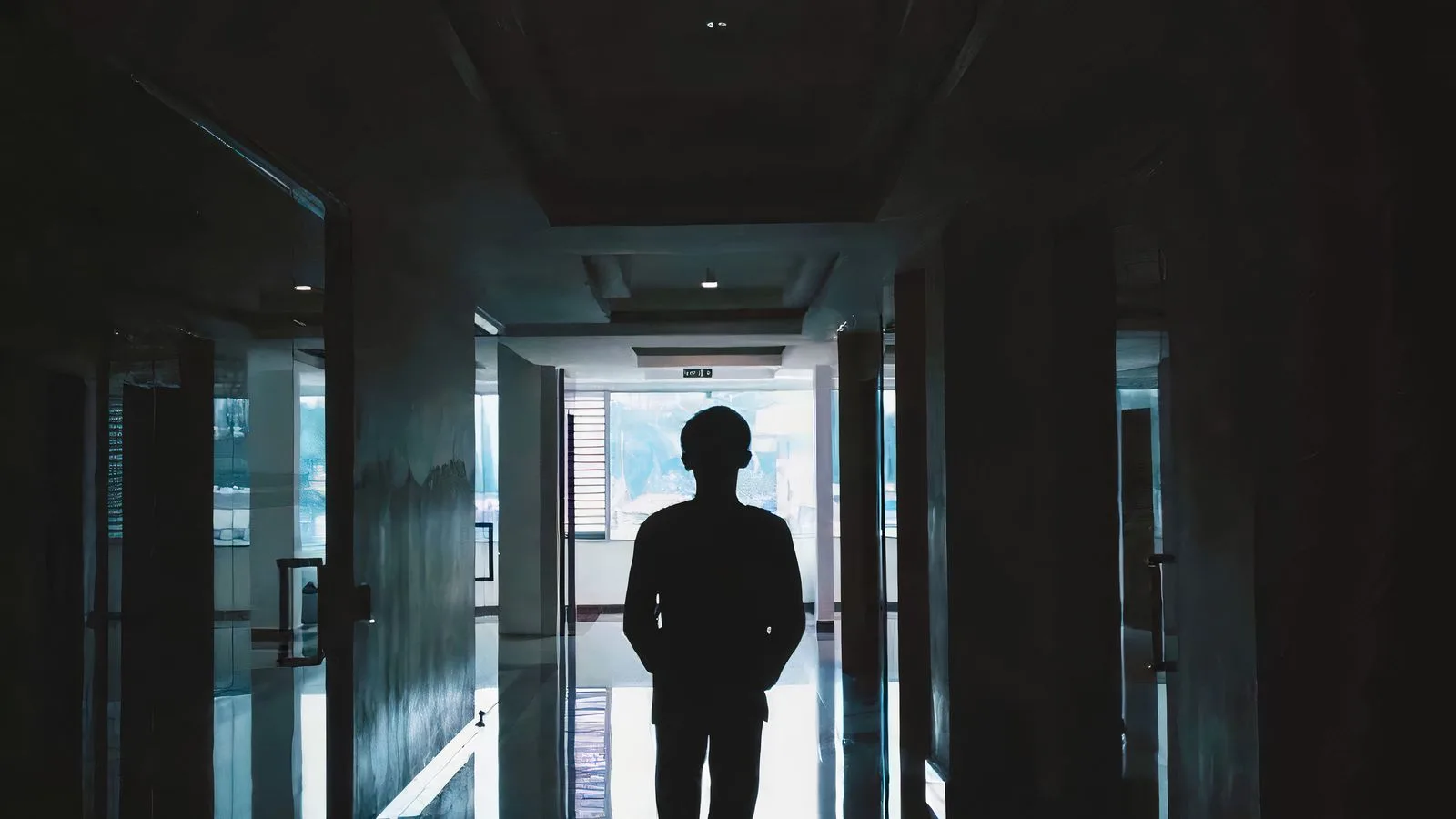 La silueta de una persona caminando por un pasillo apenas iluminado