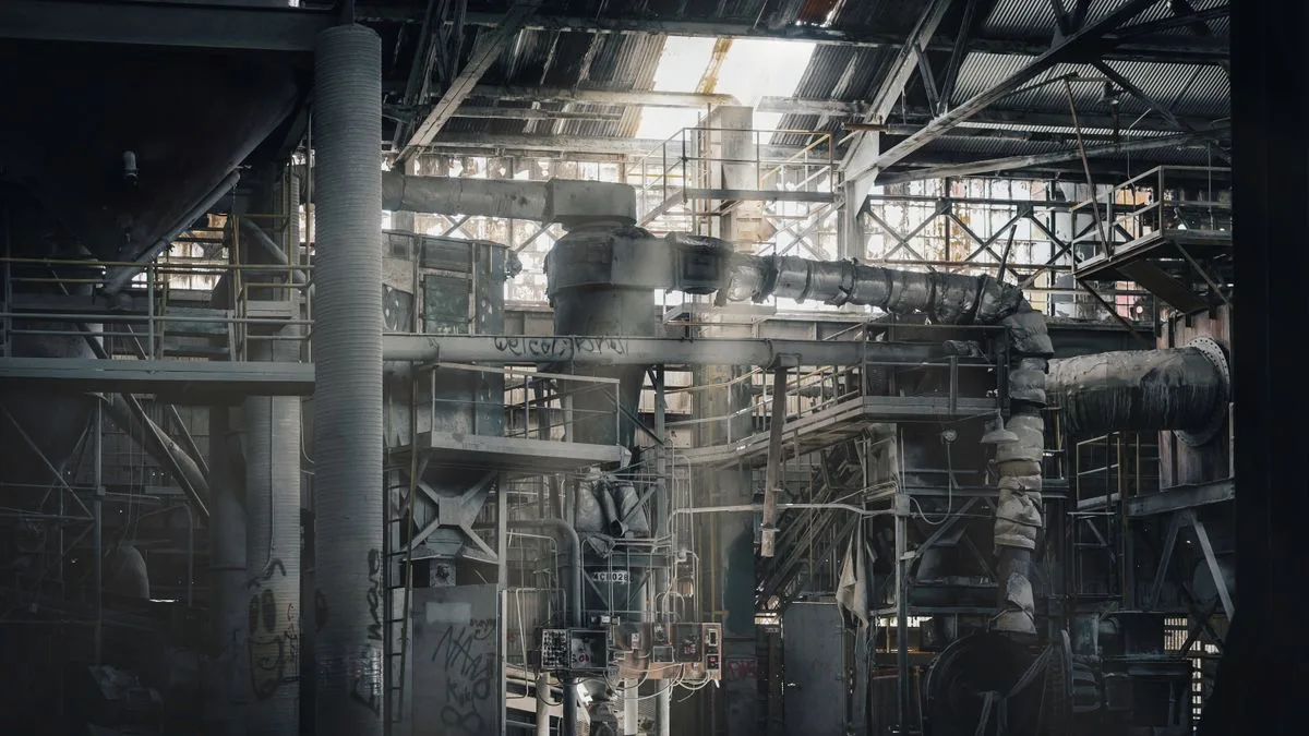 El interior de una nave industrial abandonada y a oscuras