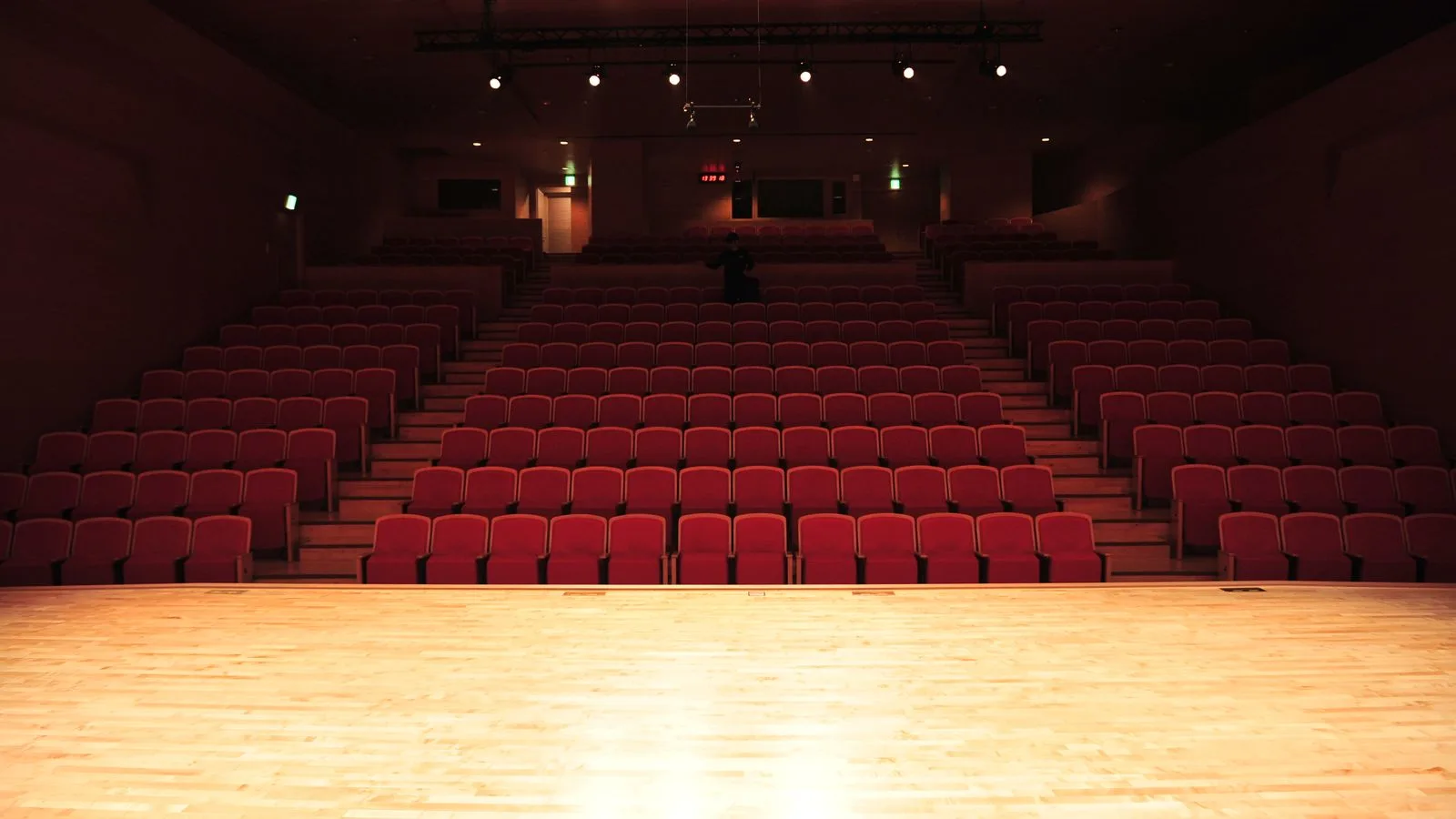 Un auditorio vacío visto desde el escenario, con las butacas en penumbra